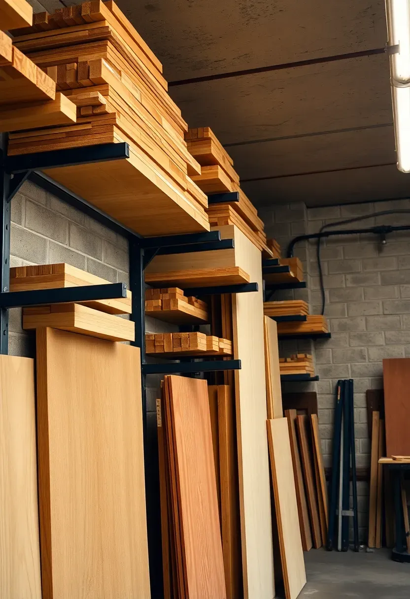 Wall-mounted lumber rack in a garage workshop holding various lengths of plywood and dimensional lumber with labeled dividers
