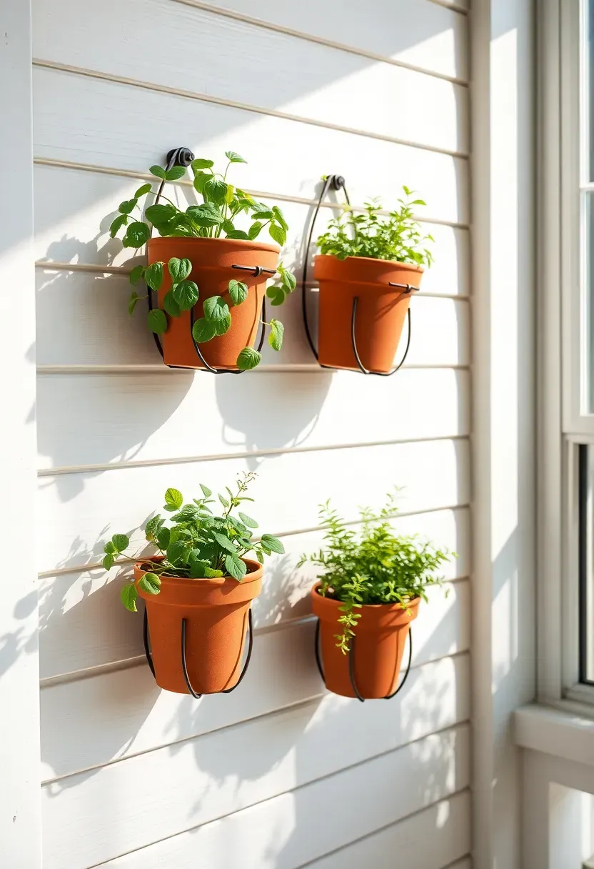 Vertical wall-mounted herb garden with terracotta pots of basil, rosemary, and thyme on a sunny porch wall