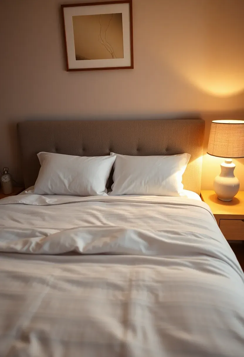 Cozy basement guest suite with an upholstered bed, nightstands, soft bedding, and a table lamp creating a warm hotel-like feel