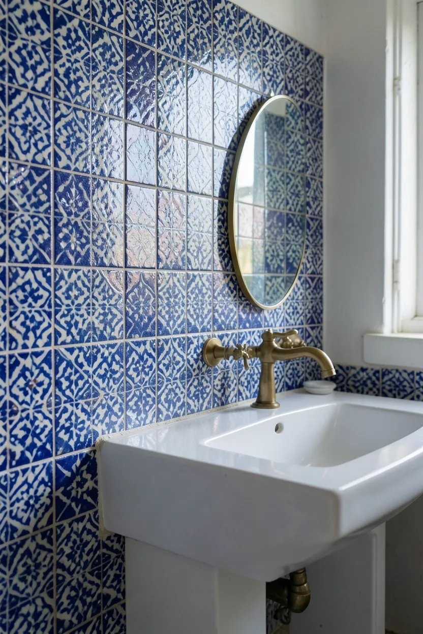 Hyper-realistic eye-level photograph of a Moroccan-style bathroom wall featuring zellige tiles in shades of cobalt blue and white with subtle iridescent sheen, natural surface variations, white vanity with brass faucet, small round mirror. Natural light reflecting off tile surfaces. Materials: handmade zellige ceramic tiles, brass fixtures, white wood. Iridescent Moroccan tile detail. Authentic handmade texture. No text, no logos, no watermarks.</p>