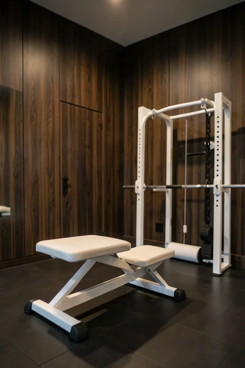 Dark walnut wood wall paneling in a minimalist home gym with clean-lined equipment and white accents against warm textured panels