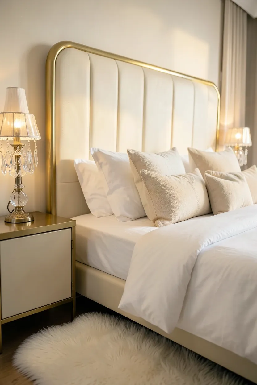 Modern Cream Leather Headboard with Crystal Details