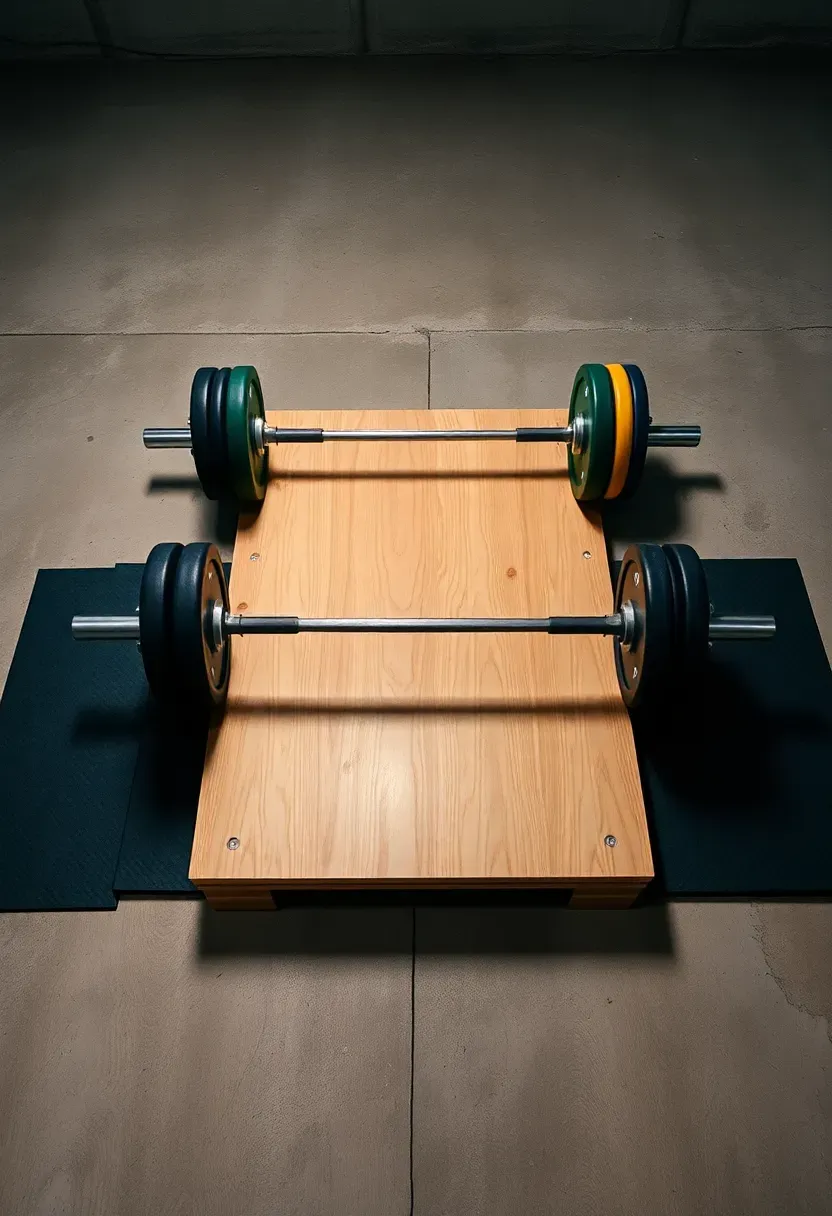 DIY plywood and rubber lifting platform on a basement floor with a barbell and bumper plates, construction screws visible at edges