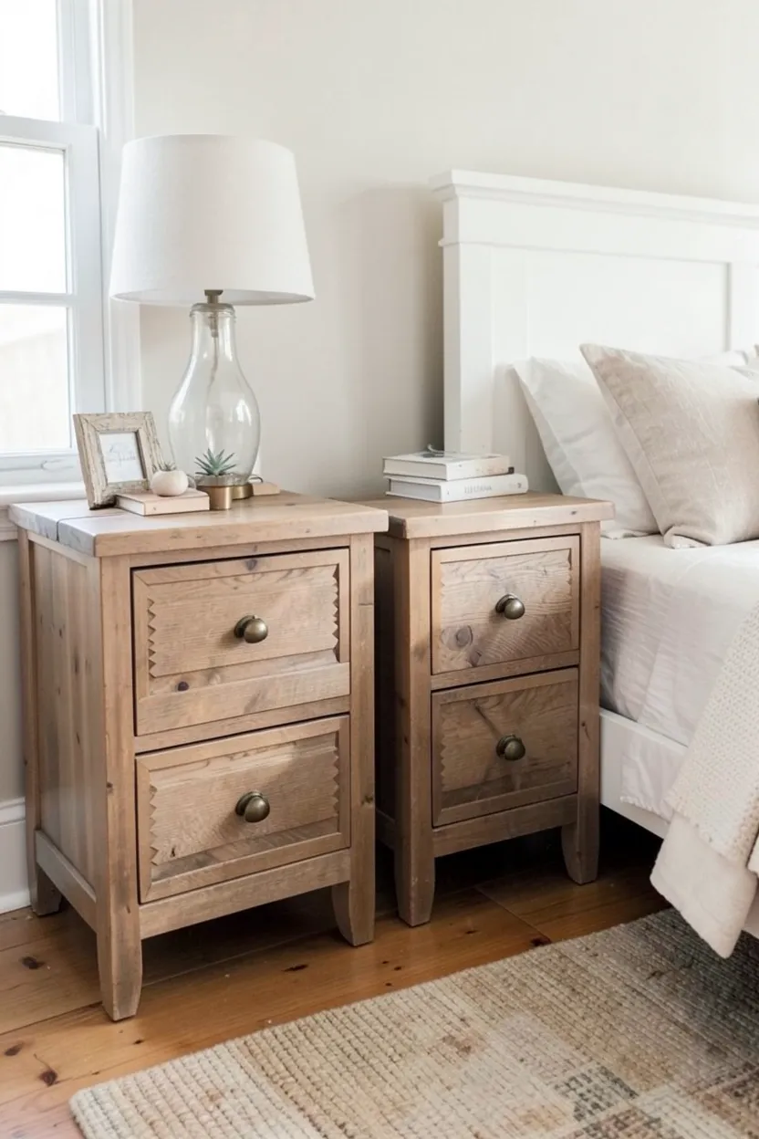 Weathered oak nightstand with aged brass hardware and a vintage lamp beside a farmhouse bed