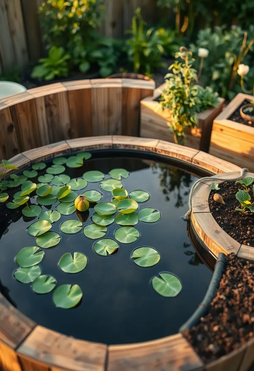 Backyard feature combining a small raised water pond and surrounding raised planter beds built from the same weathered timber, with water plants and vegetables growing together