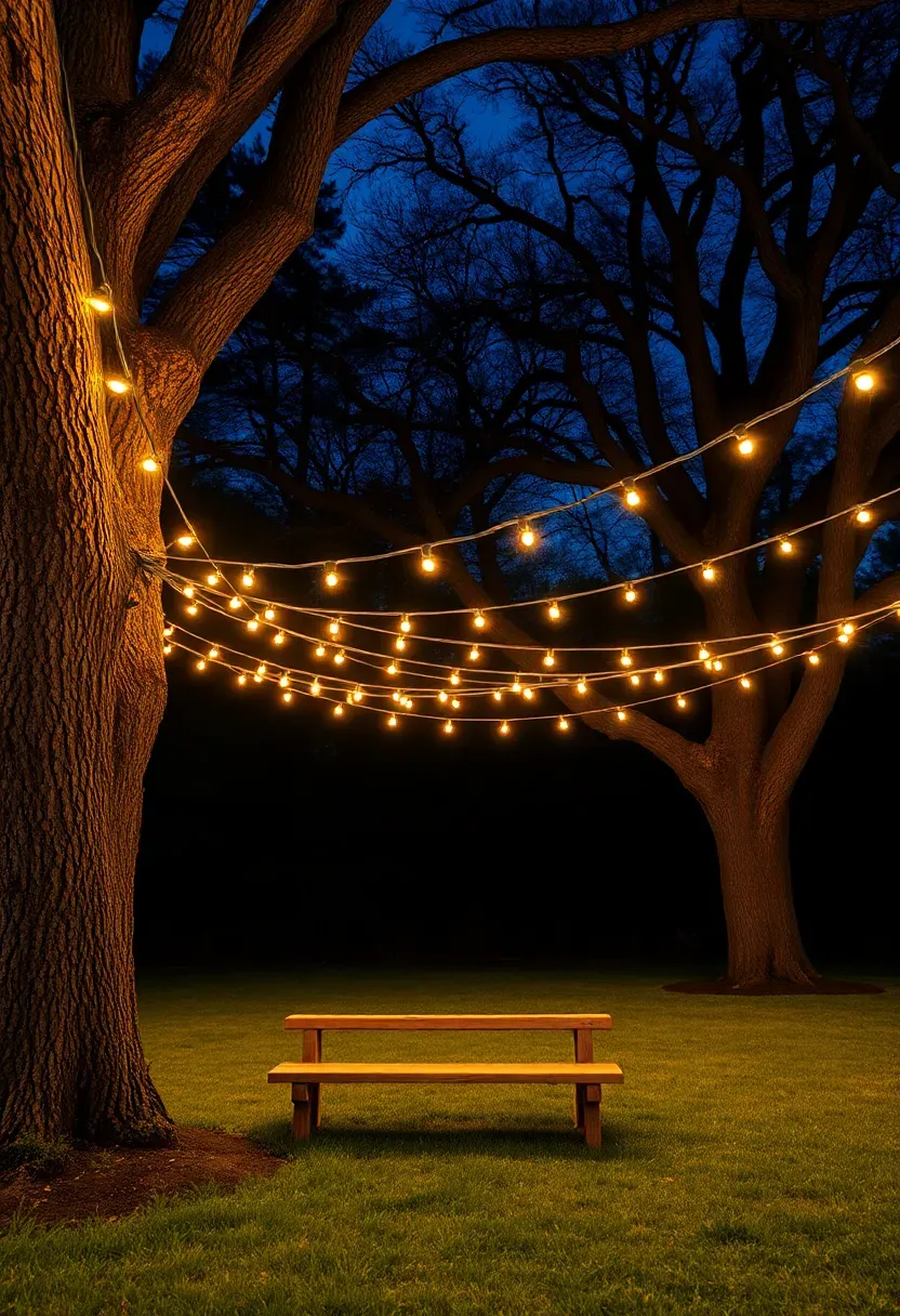 Multiple strands of warm string lights spanning between two large oak trees over a grassy backyard at night