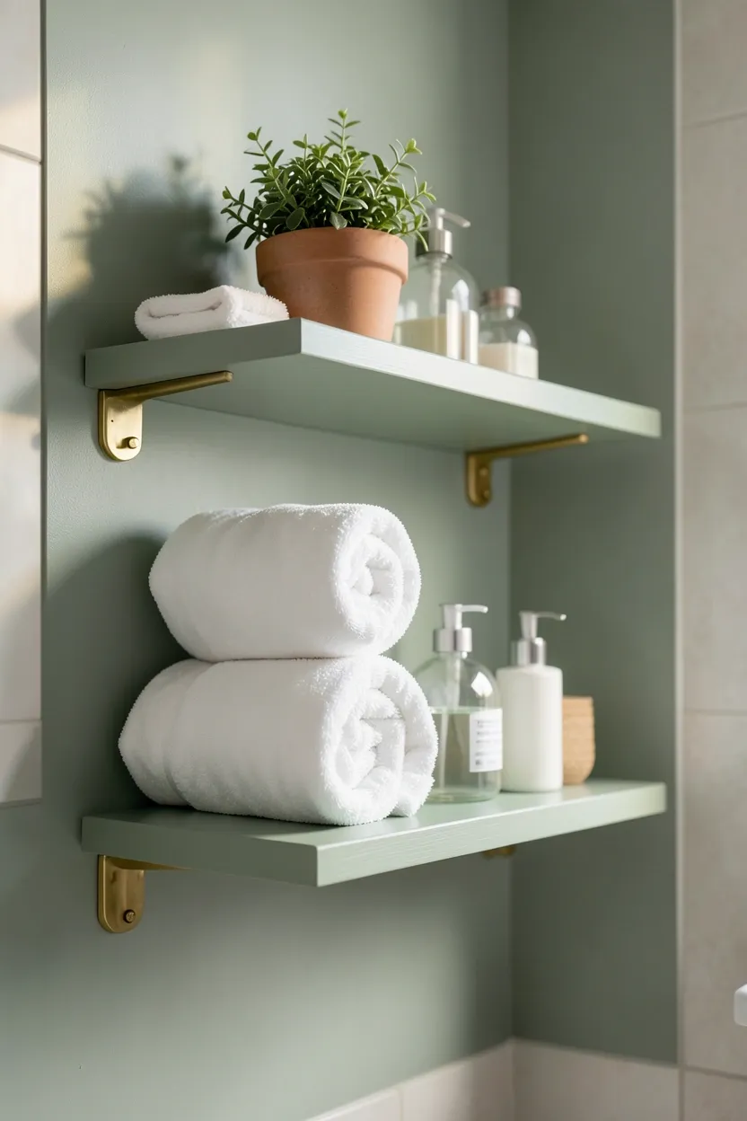 Sage green painted wooden floating shelves on a white bathroom wall holding small potted plants, folded washcloths, and glass containers