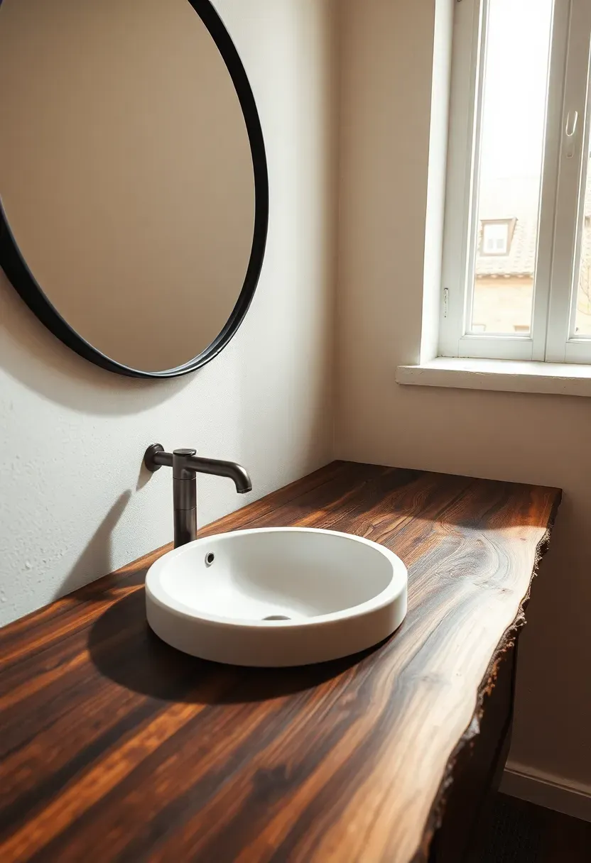 Live-edge walnut wood countertop with a drop-in white ceramic sink in a rustic modern bathroom