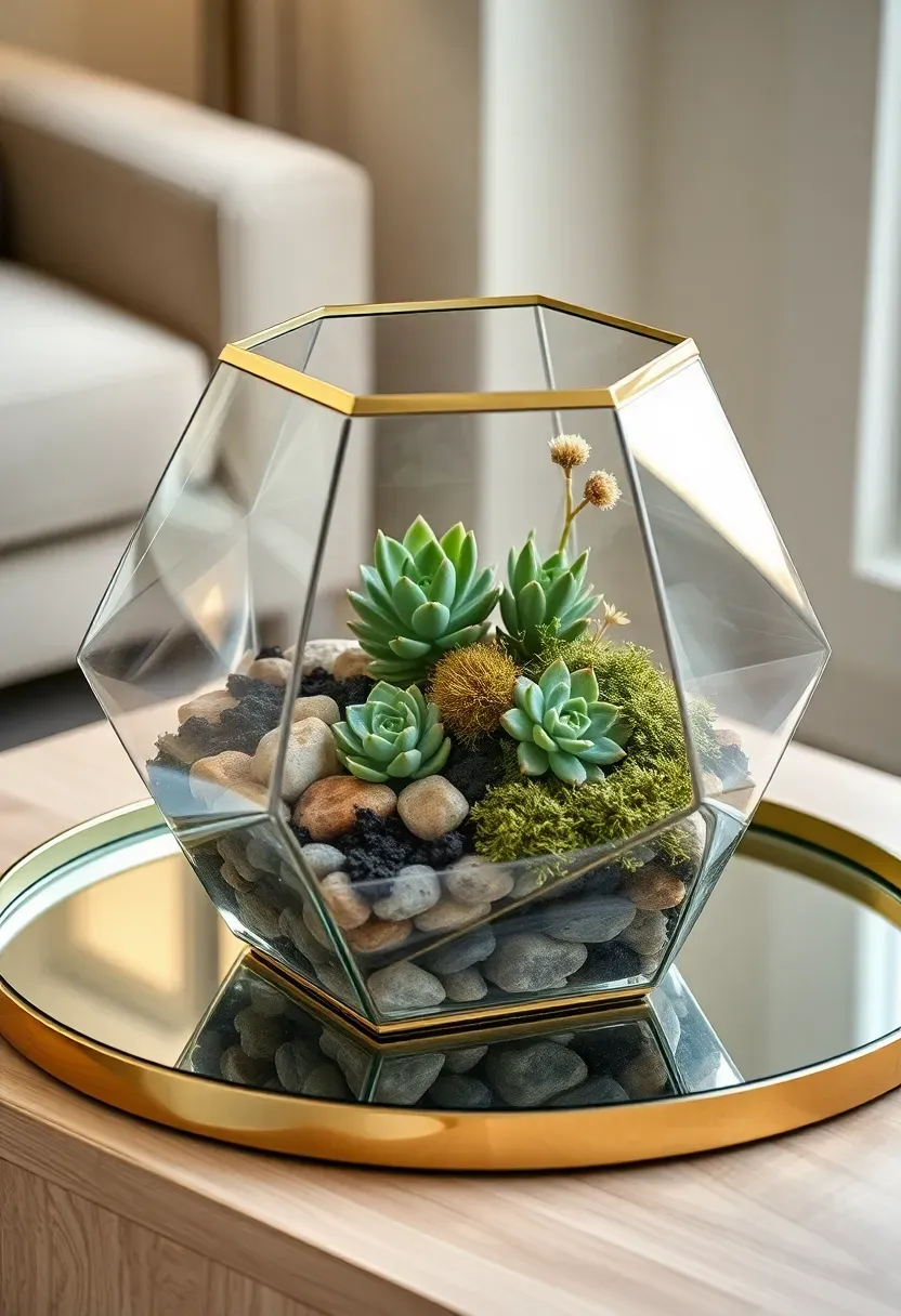 glass terrarium with succulents moss and small spring flowers centerpiece