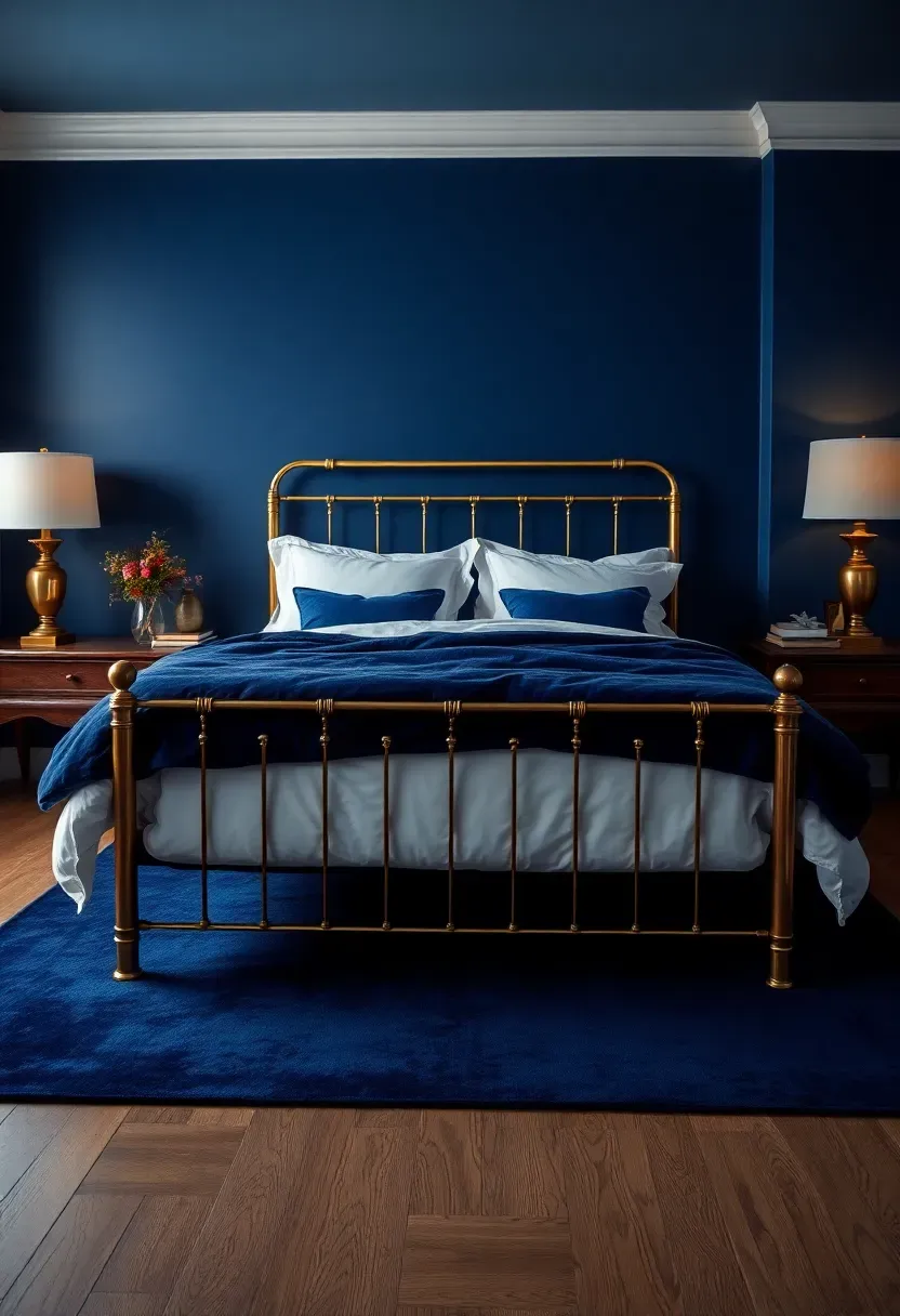 Hyper-realistic wide shot of a moody bedroom with royal dark blue walls, queen bed with white duvet and royal blue velvet shams, brass bed frame, brass table lamps with cream shades, wood bedside tables. Visible room context with dark blue area rug, white crown molding. Materials: matte royal blue paint, white cotton, royal blue velvet, polished brass, medium oak wood. Warm golden lighting from brass fixtures, regal shadows. No text, no logos, no watermarks.</p>
