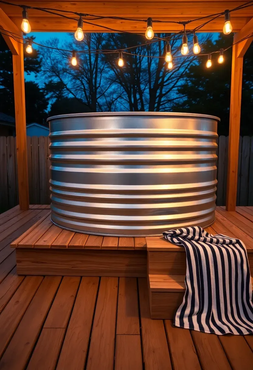 Stock tank pool centered on a raised wooden deck platform with built-in steps and string lights overhead in a backyard at dusk