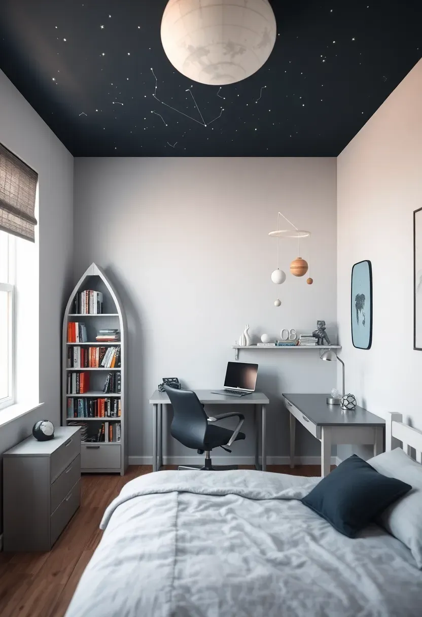 Space-themed boy bedroom with a dark navy ceiling painted with constellations and a rocket ship bookshelf