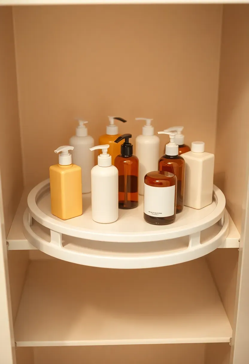 Lazy Susan turntable on a deep bathroom closet shelf with bottles of lotion shampoo and conditioner arranged in a circle