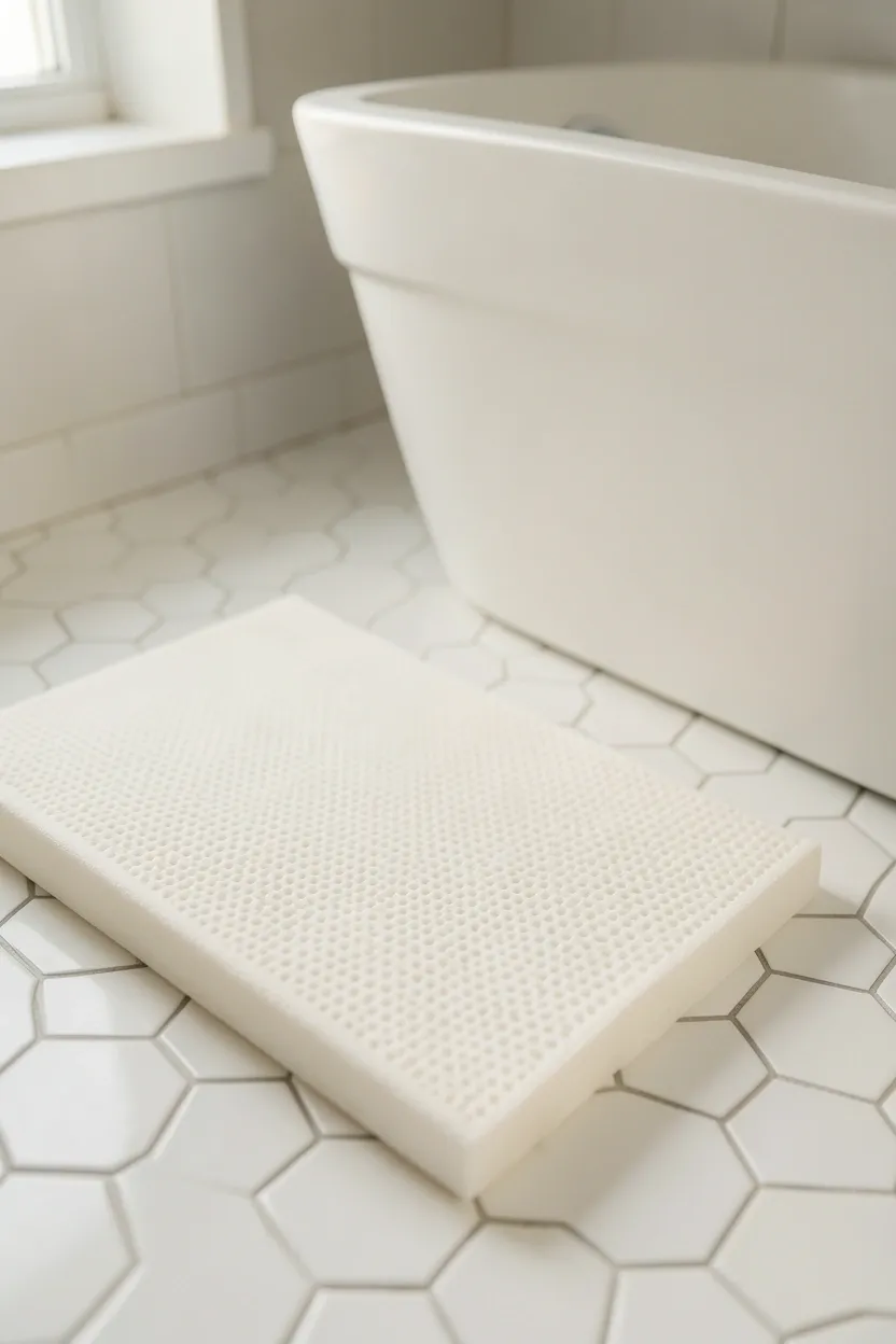 Plush memory foam bath mat in neutral oat tones on white tile floor in a cozy rental apartment bathroom