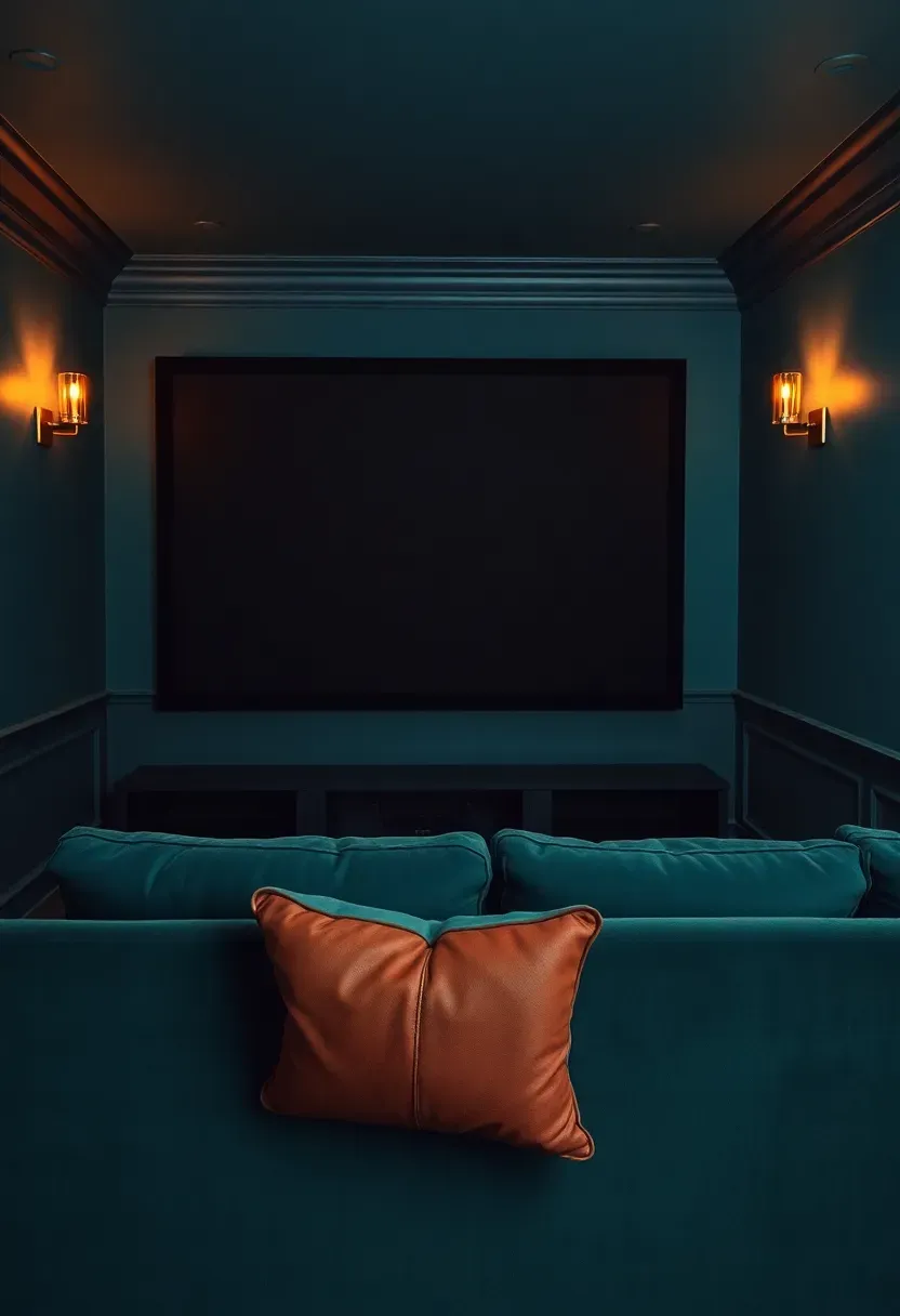 Dark-painted basement media room in deep teal with a large screen, velvet seating, and moody ambient wall lighting