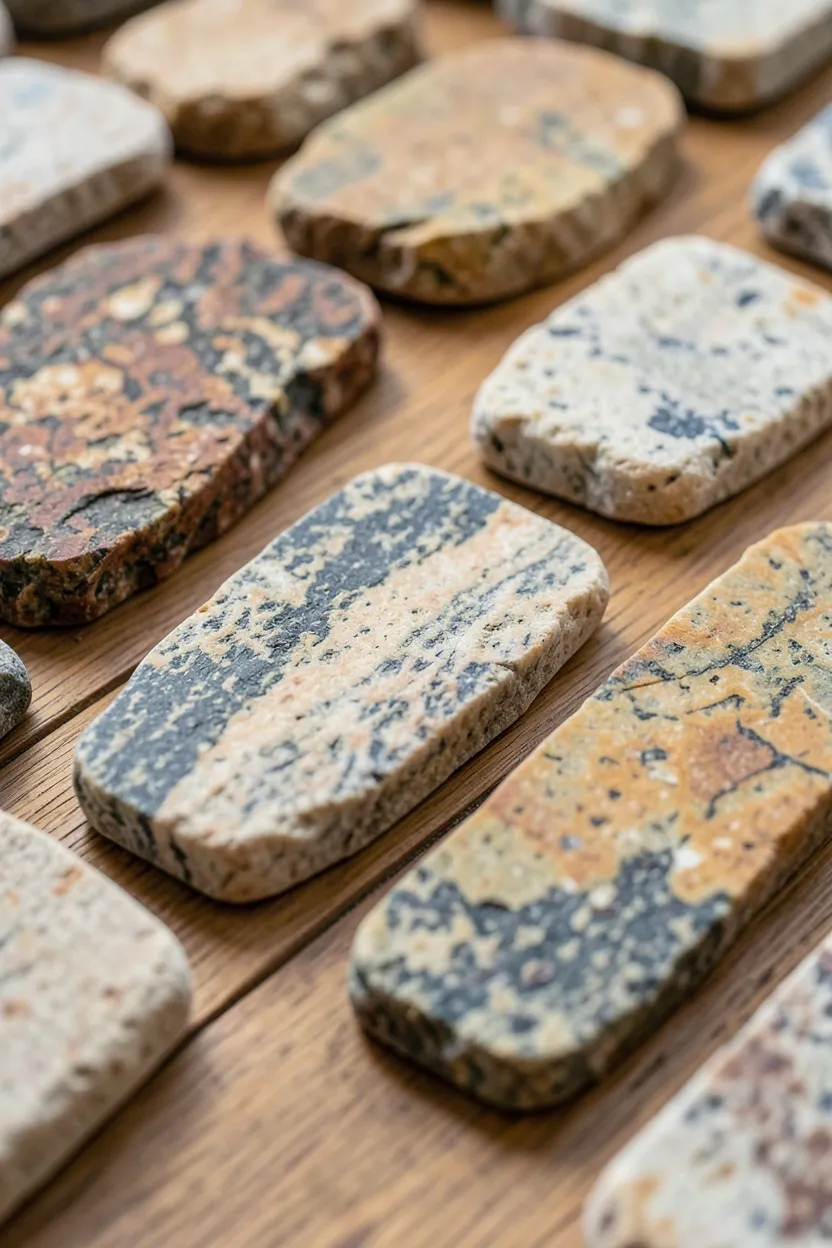 Set of sandstone and slate coasters with natural veining on a live edge wood coffee table in an organic modern living room