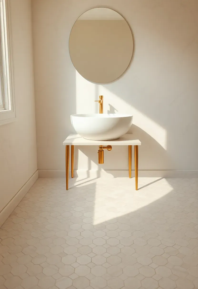 White Carrara marble hexagon mosaic bathroom floor with thin grey grout lines and brass fixtures above