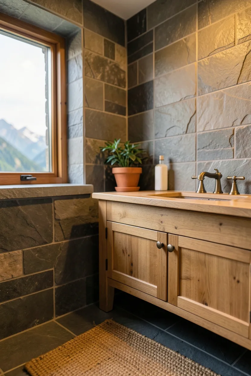 Bamboo plant stand with a tall snake plant in the corner of a light neutral bathroom