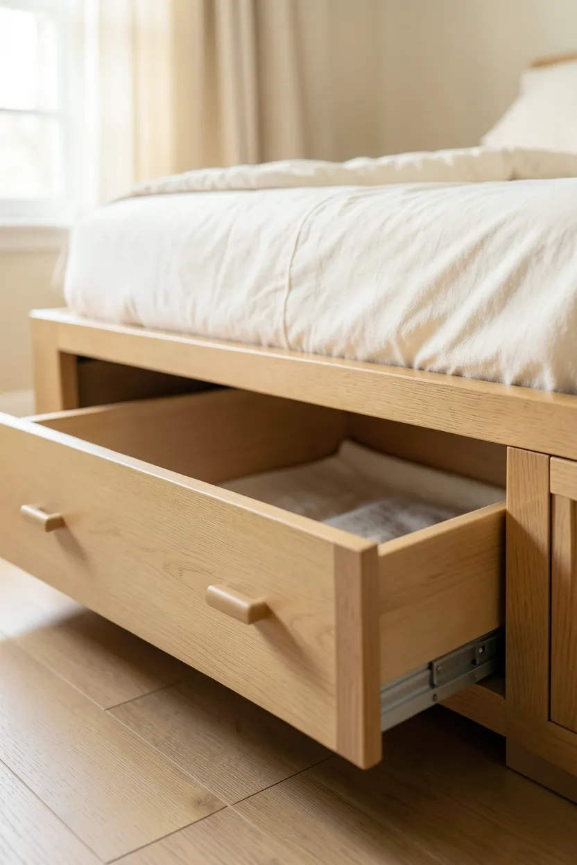 Hidden pull-out storage drawers under a low platform bed in a japandi small apartment bedroom