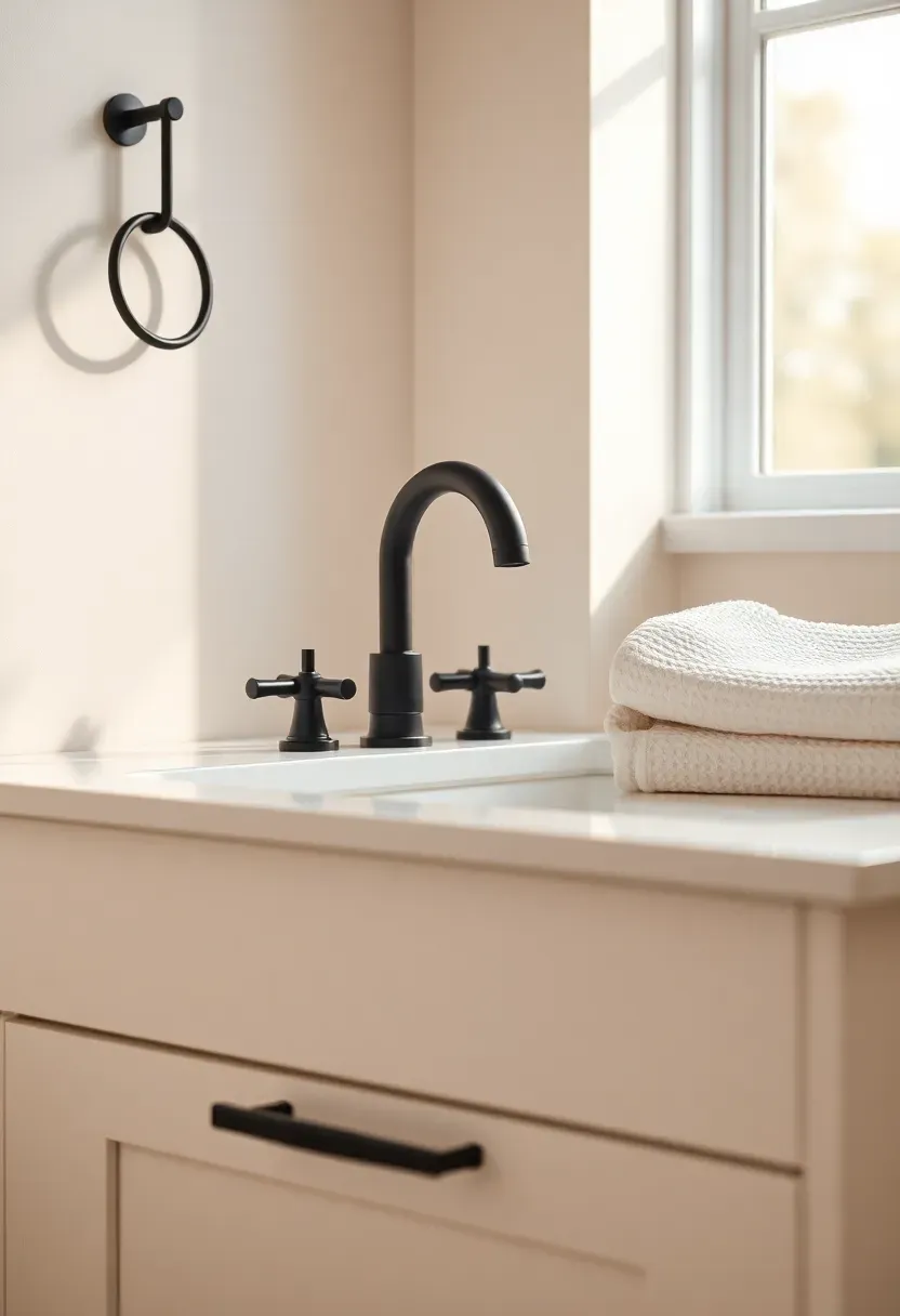 matte black bathroom faucet drawer pulls and towel ring on white vanity