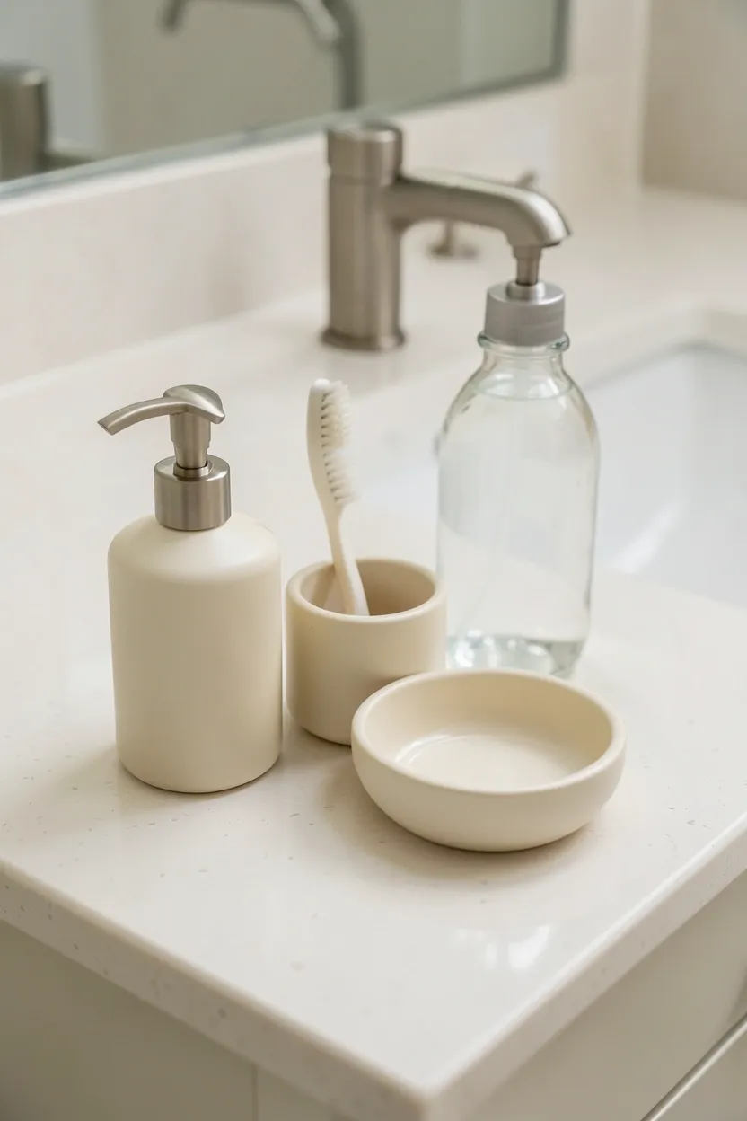Blue and white patterned floor tiles in a small bathroom with neutral walls and white pedestal sink