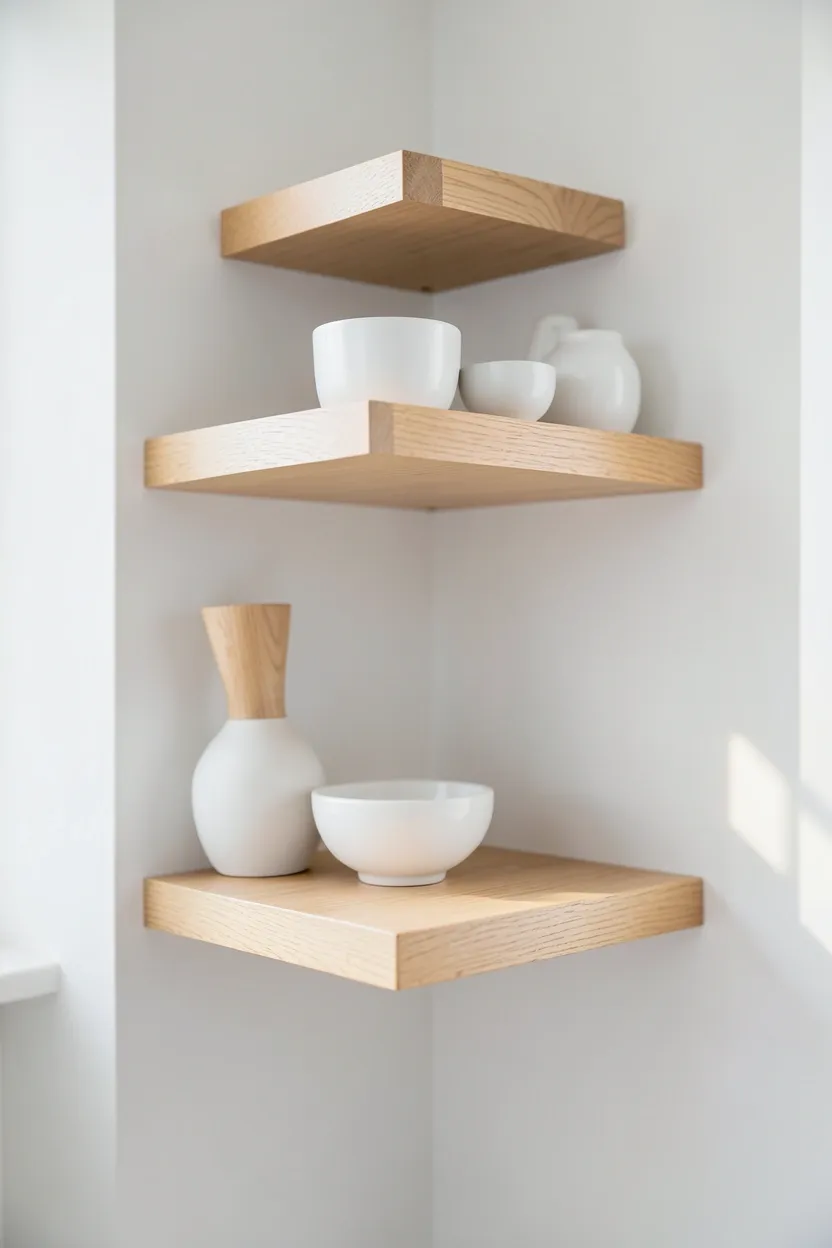 Light oak shelving, wood side table, and birch accessories adding natural warmth to a minimalist white living room