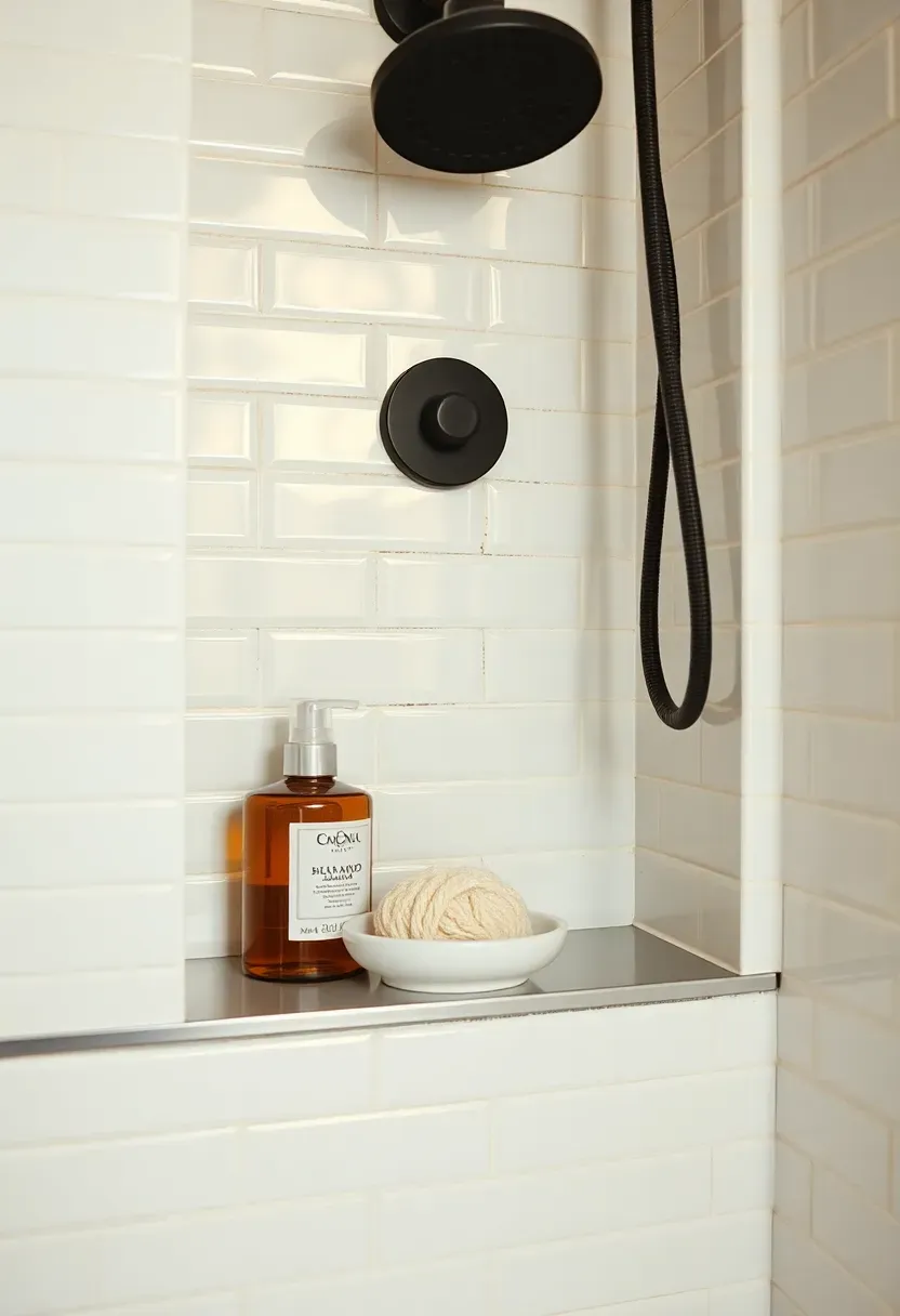 Hyper-realistic close-up of white tiled shower niche with shampoo bottles, bar soap, and small loofah, white subway tile surround, matte black showerhead visible. Materials: glossy white subway tiles, silver accent strip at niche base, amber glass bottles, white ceramic soap dish. Warm low diffused light, creamy neutrals with warm amber reflections. Tidy minimalist mood, shallow depth of field with sharp niche tile detail, soft shadows. Vertical 2:3 framing. No logos.</p>