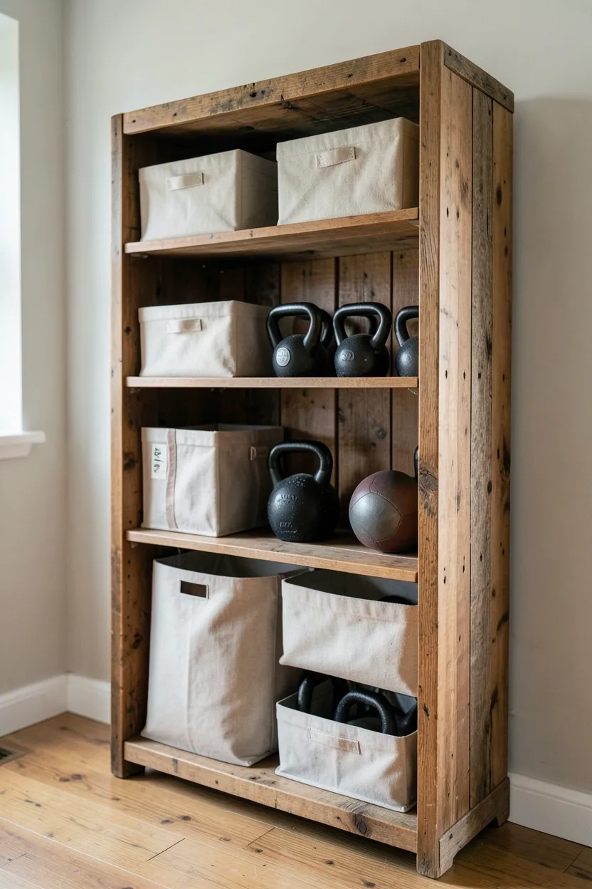 Repurposed wood bookcase in a home gym holding kettlebells on open shelves and gym accessories in woven fabric bins — budget renter-friendly storage idea