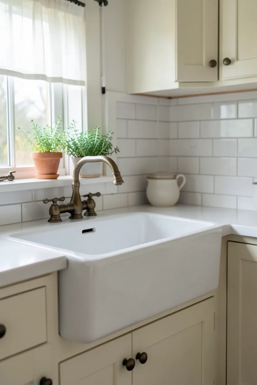 White fireclay farmhouse apron sink as focal point in a small cottage kitchen with vintage bridge faucet
