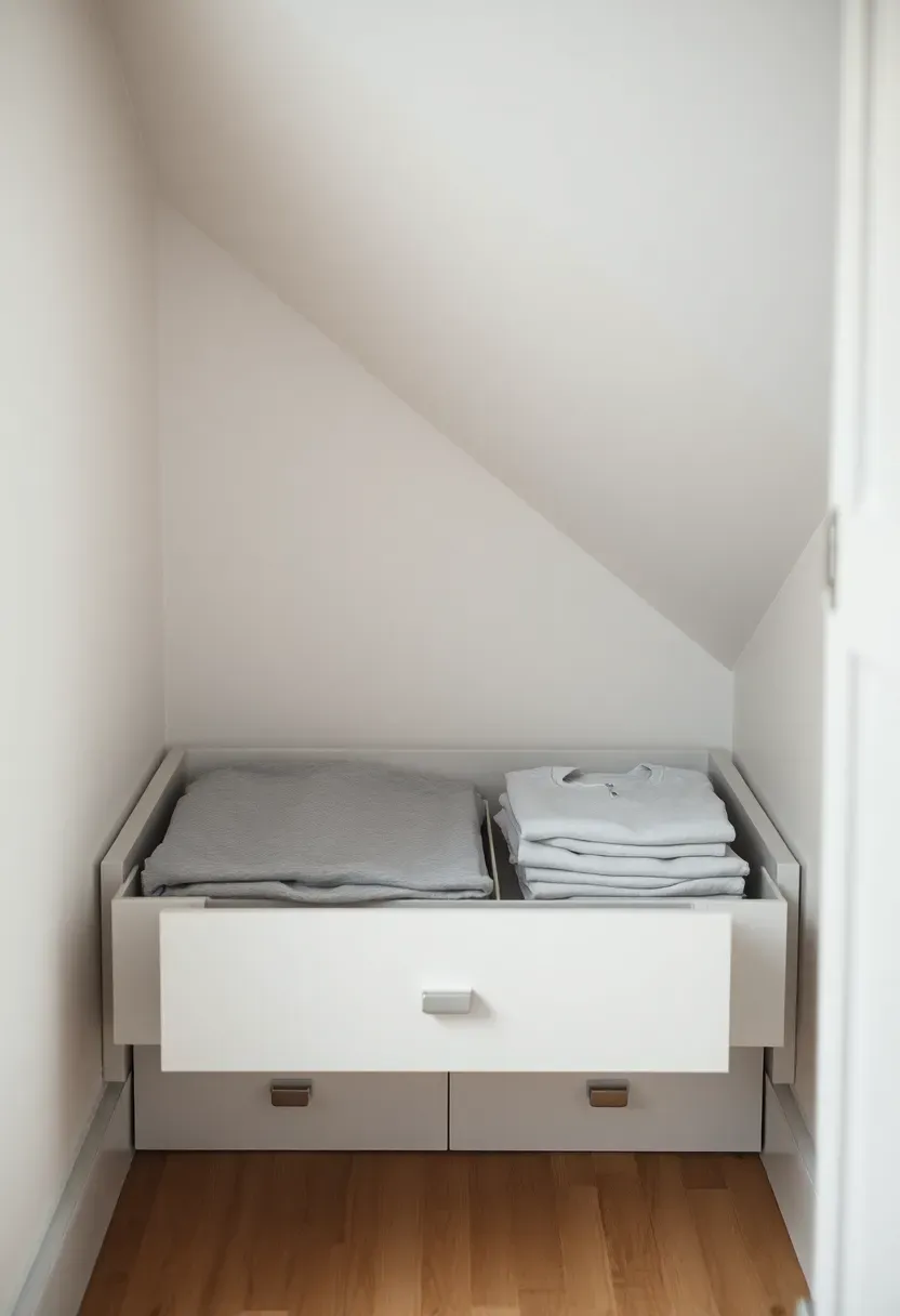 low attic eave space with white painted pull-out drawers built flush into the floor, angled ceiling above