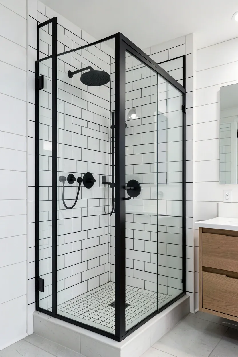 Black thin-frame glass shower enclosure with subway tile interior in a modern farmhouse master bathroom