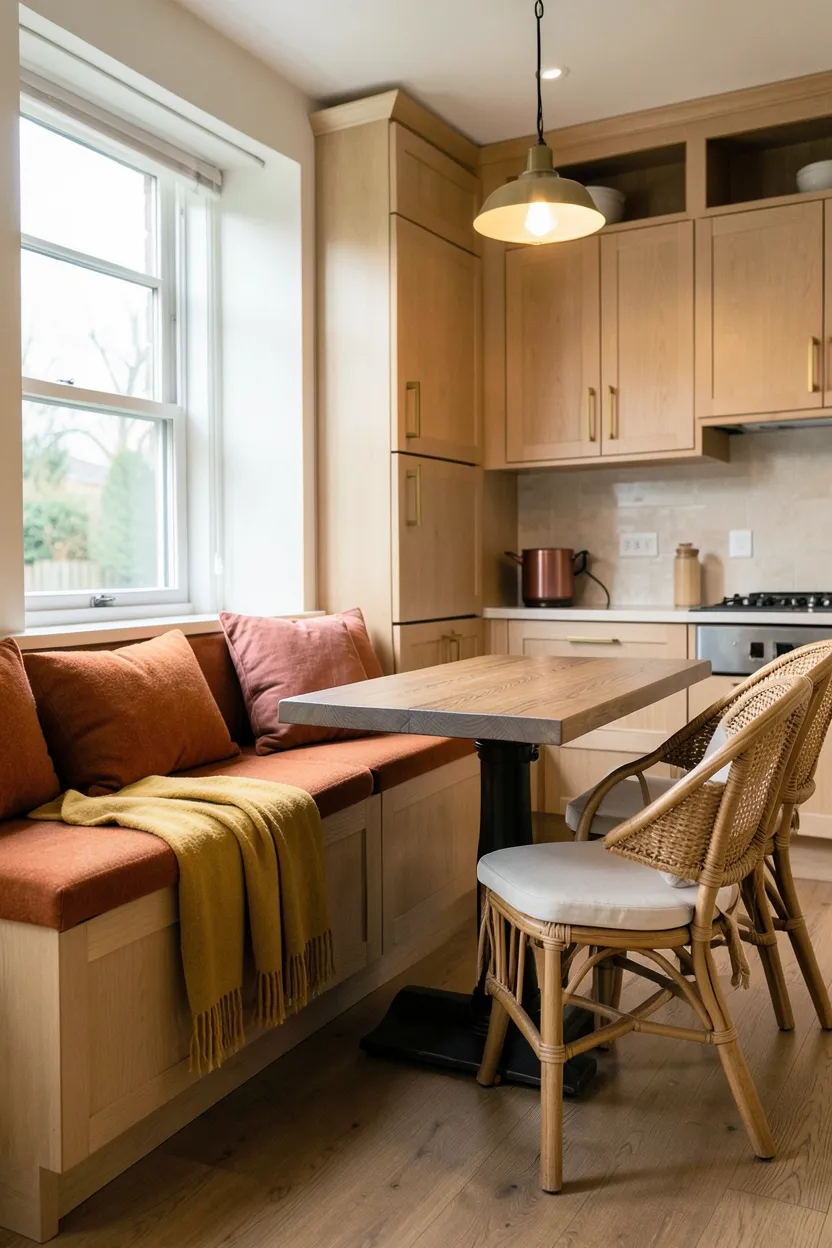 Hyper-realistic wide shot of a fall kitchen with cozy breakfast nook. Built-in bench seating along window with cushions in burnt orange wool fabric. Throw blanket in mustard yellow draped over bench. Two pillows in terracotta linen. Wooden table with natural grain. Two rattan chairs with cream cushions. Kitchen background in light oak cabinetry with brass hardware. Warm ambient lighting from pendant above nook. Natural light from windows. No text, no logos, no watermarks.</p>