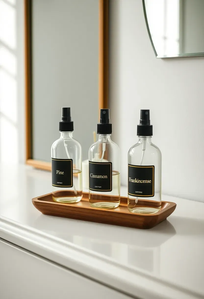 Hyper-realistic 3/4 view of bedroom dresser with three glass atomizer bottles containing holiday room sprays. Minimalist clear glass bottles with simple black or gold labels, arranged on small wooden tray. Labels read 