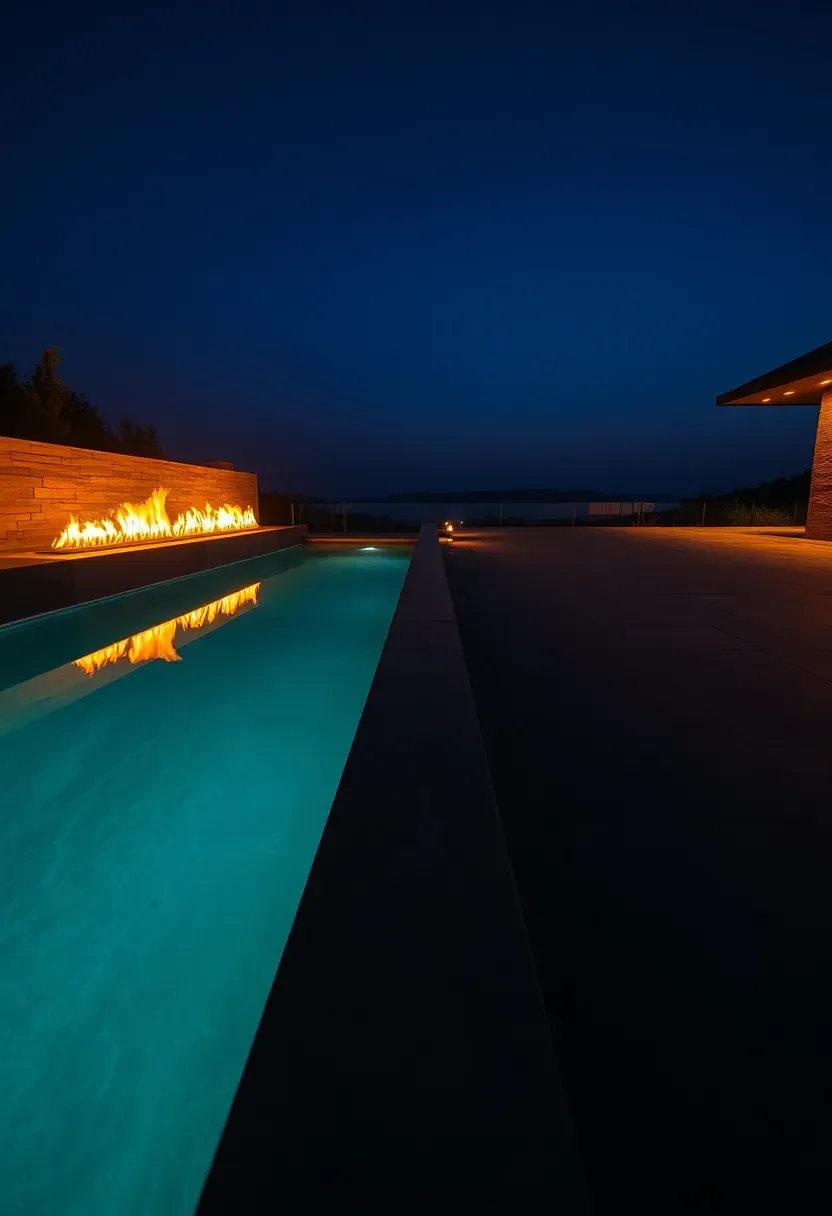 Modern pool with a linear fire feature running along one edge, flames reflecting in the still water surface, and dark slate decking at dusk