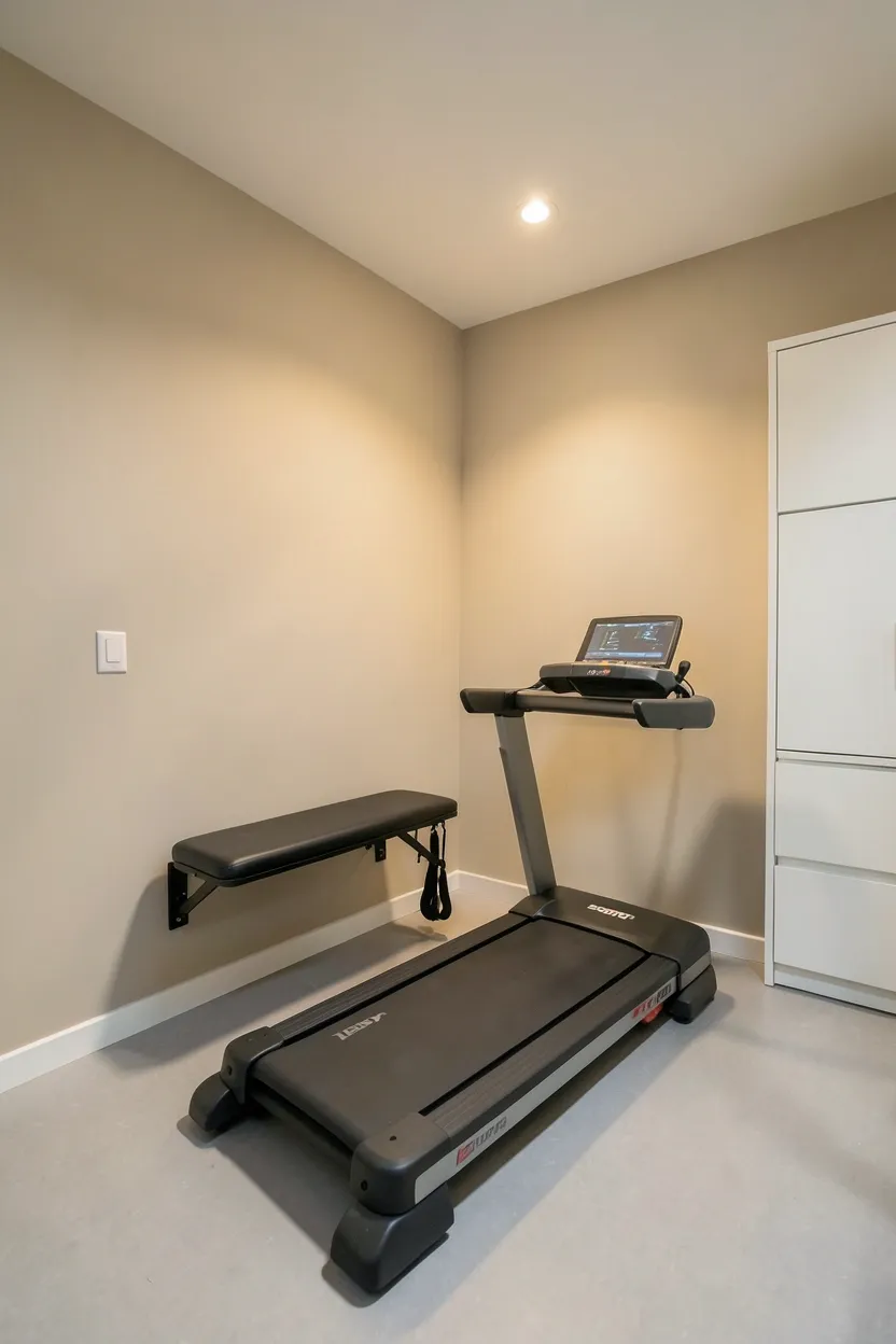 Compact apartment home gym with foldable treadmill against wall, wall-mounted pegboard for resistance bands, and adjustable dumbbells in a basket