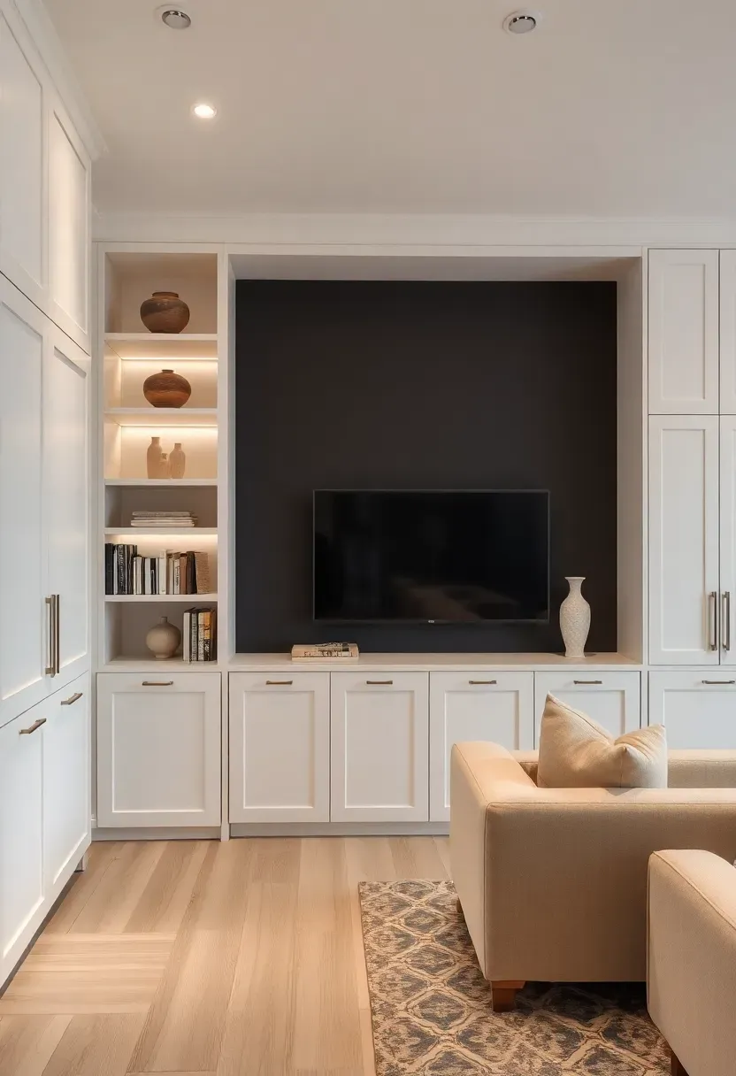 Hyper-realistic 3/4 view of elegant living room with floor-to-ceiling built-in cabinetry. Materials: white matte slab cabinetry with integrated push latches, LED strip lighting under upper shelves, displaying curated ceramics and books. Charcoal accent wall, cream sofa, white oak floor. Seamless architectural integration with refined organizational elegance.</p>
