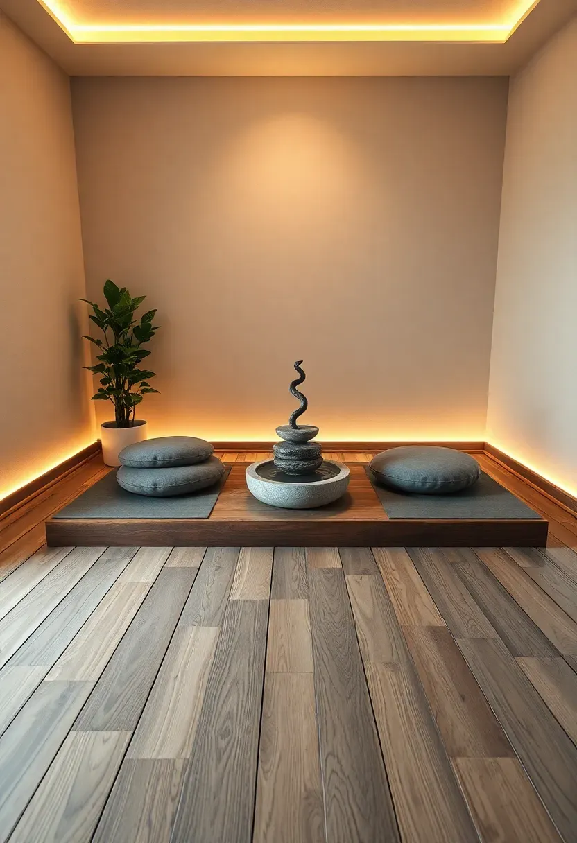 Serene basement meditation room with bamboo flooring, a low platform with cushions, a small water fountain, warm indirect wall lighting, and a few potted plants