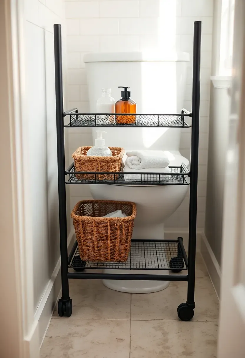 Slim three-tier rolling metal cart with bathroom supplies between a toilet and wall serving as portable closet