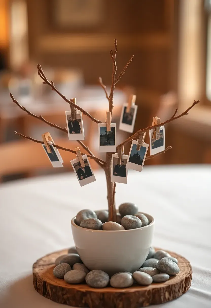 Small decorative tree with clips holding polaroid photos of the graduate at different life stages