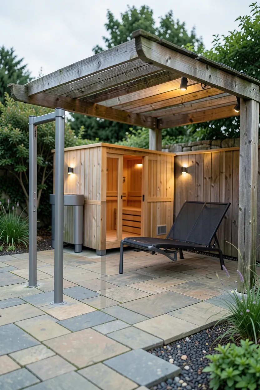 Outdoor backyard gym with cedar sauna on raised deck, natural stone pavers, weather-resistant equipment under pergola shade structure, and solar pathway lights