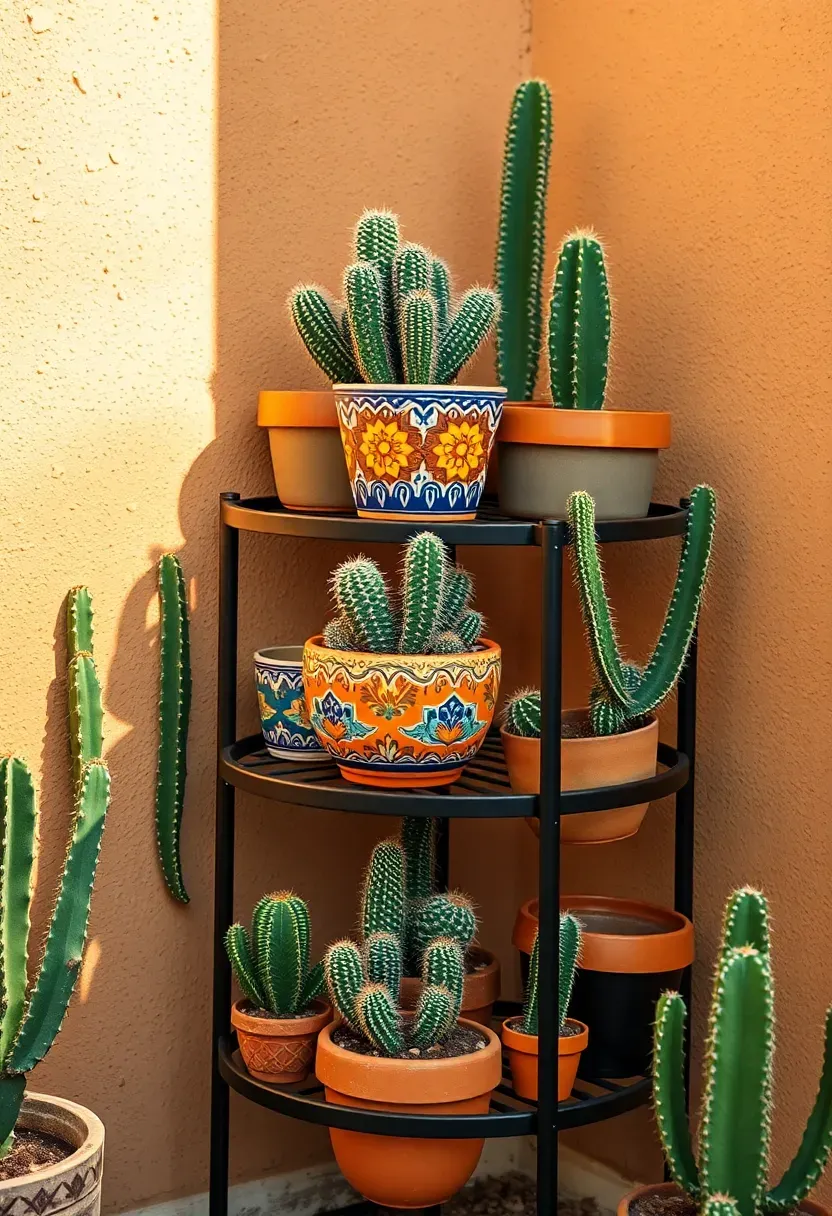 Collection of potted cacti and succulents in colorful Mexican ceramic pots arranged on a tiered metal plant stand in an Arizona backyard