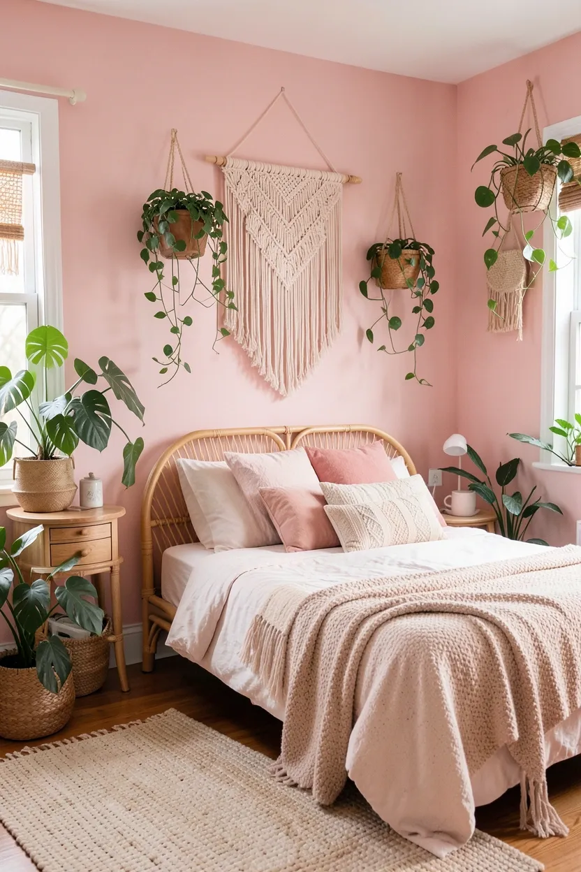 Soft Pink Boho Bedroom with Plants