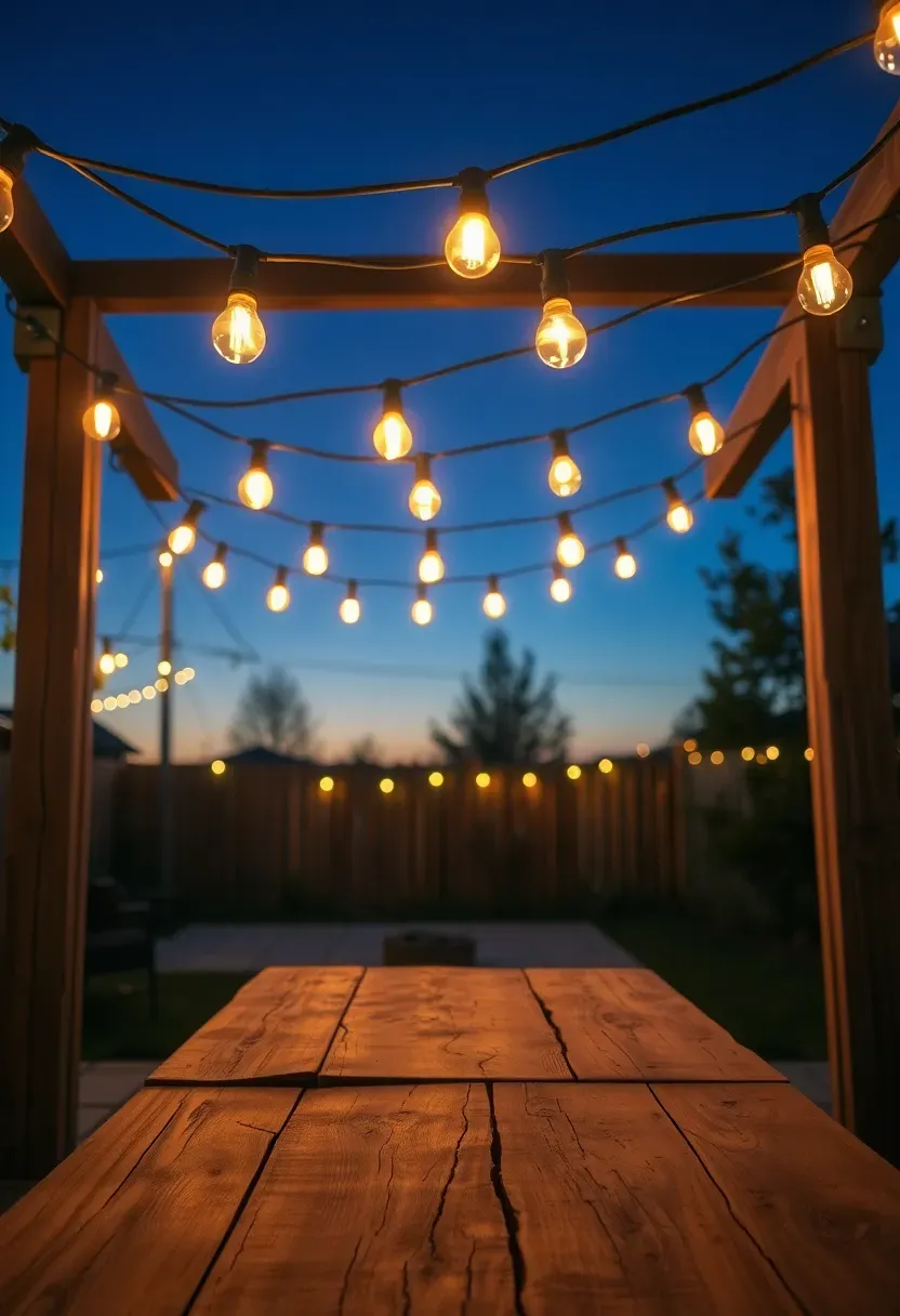 Warm white string lights hung in parallel lines between wood posts over a backyard patio dining area at twilight