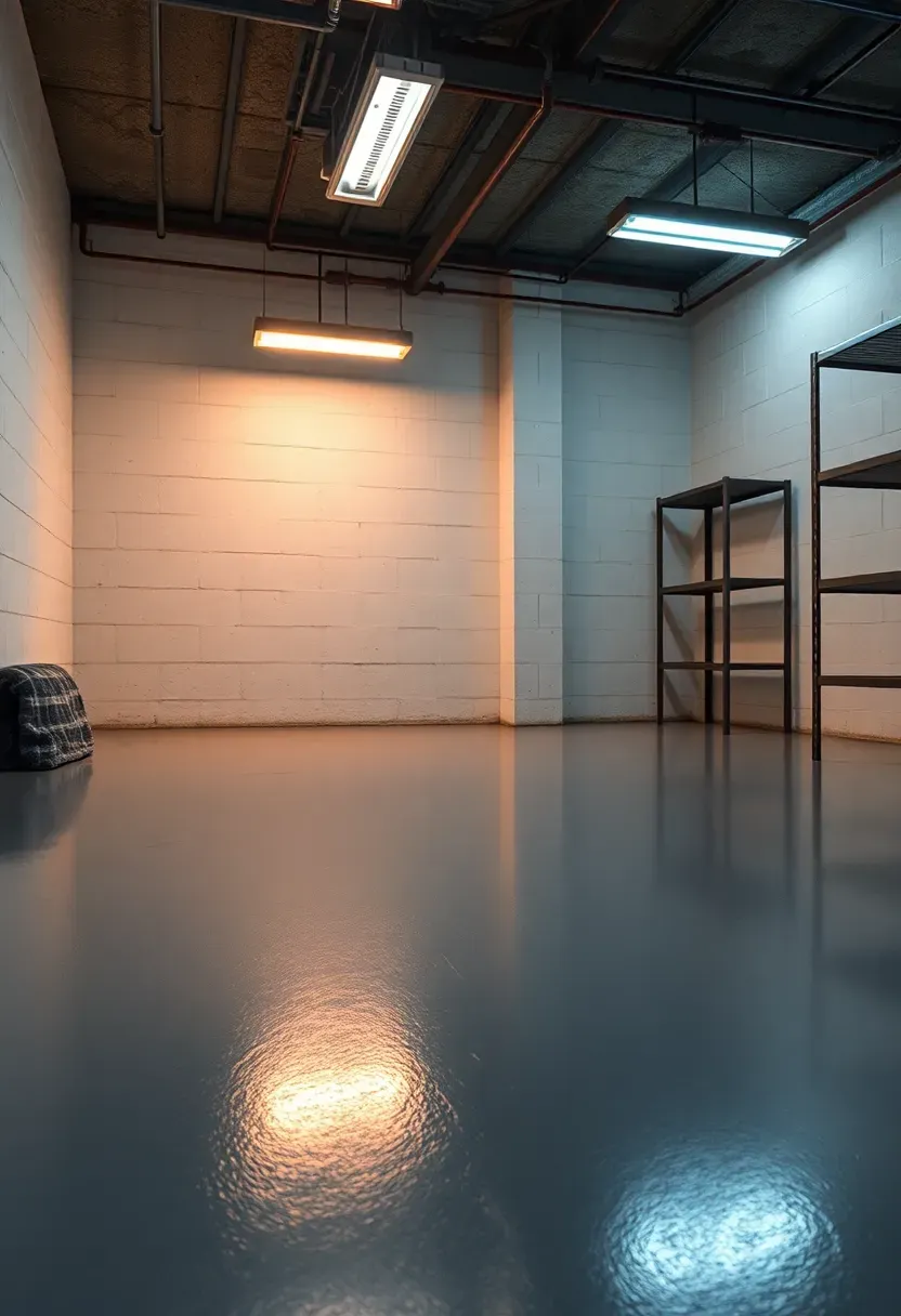 Basement with smooth solid gray epoxy floor coating reflecting overhead shop lights against white walls