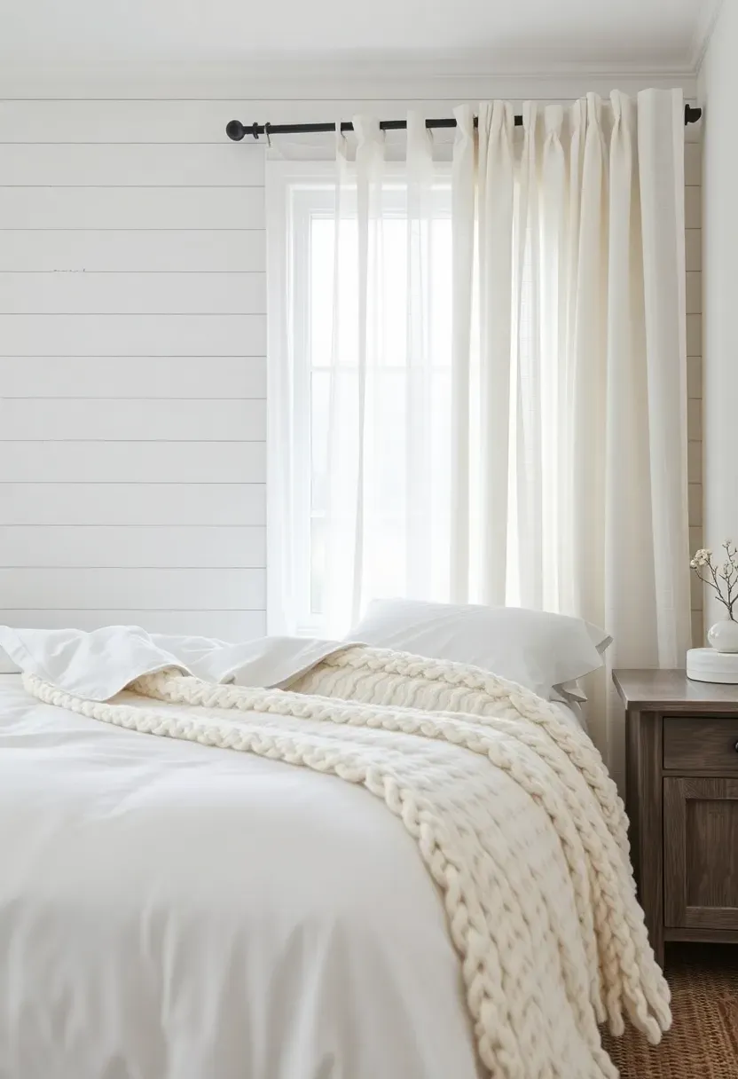 All-white farmhouse bedroom layering white shiplap, white linens, cream knit throw, and ivory curtains