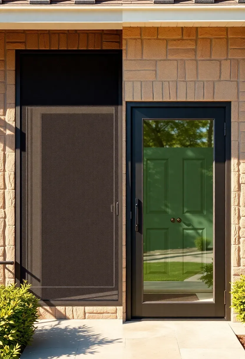 Before showing a ranch home with a dark mesh screen door and after showing a full view glass storm door with black frame revealing the painted front door behind it