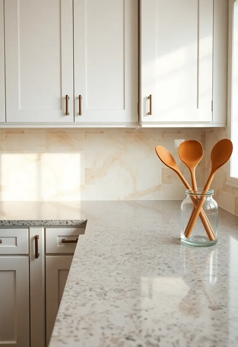large format stone-look porcelain tile backsplash with minimal grout lines in a white kitchen with granite countertops