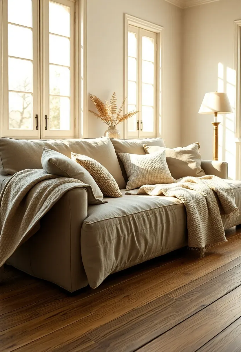 Deep linen-wrapped modern sectional sofa with soft throw blankets in a bright shabby chic living room