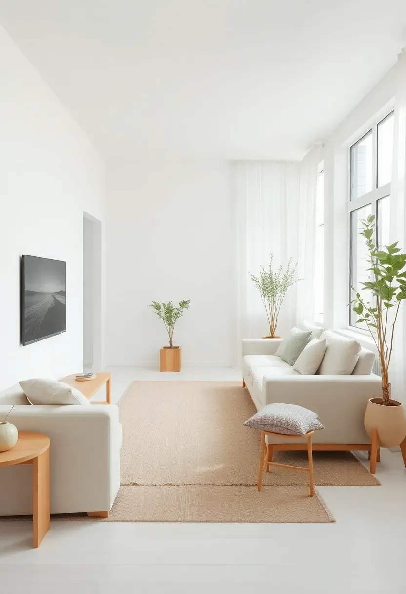 Hyper-realistic wide view of small minimalist living room entirely in light neutral palette — white walls, cream sofa, beige rug, light wood furniture, all tones harmonious, small apartment living room feeling spacious, large windows. Materials: white painted walls, cream linen upholstery, beige wool rug, light oak furniture, sheer white curtains. Bright diffused daylight, serene unified mood. Monochromatic scheme creating spaciousness, shallow depth of field, no text, no logos, no watermarks.</p>