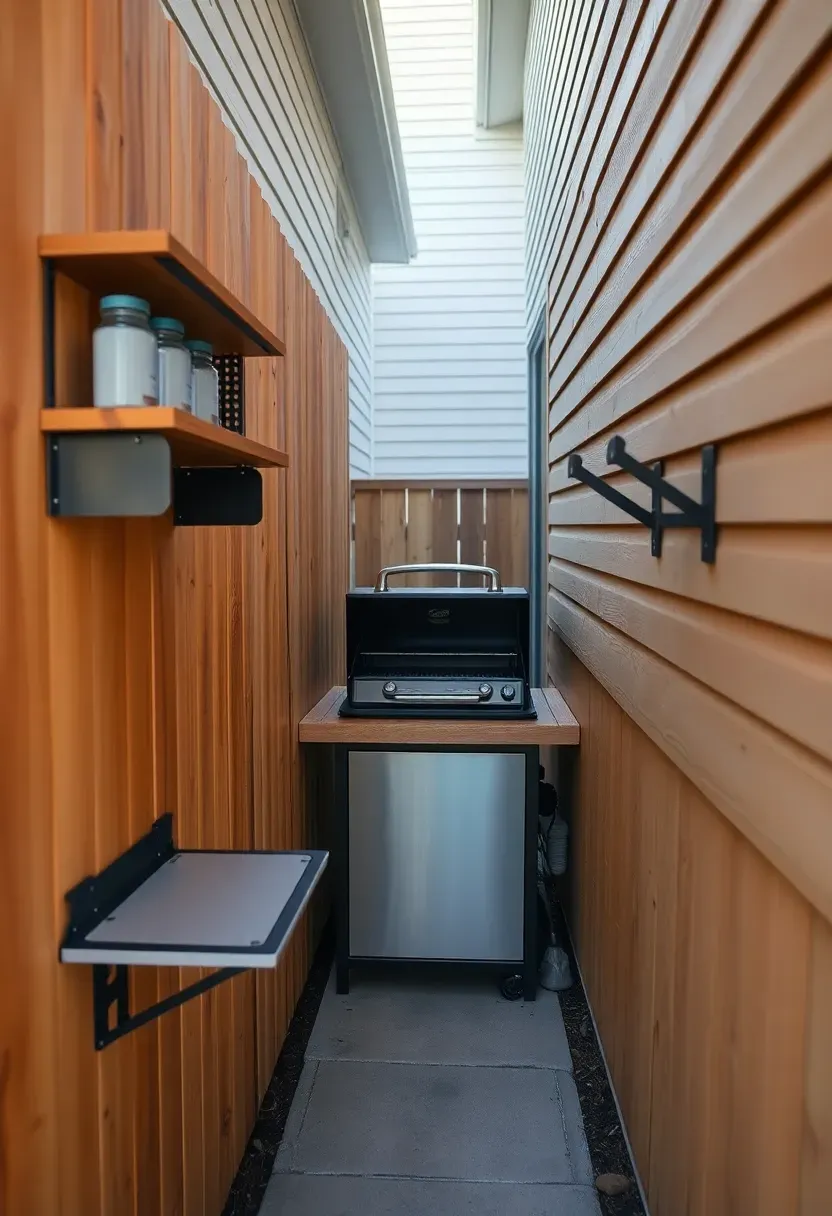Narrow side yard with a compact built-in grill station against a fence, wall-mounted shelves, and a fold-down prep table